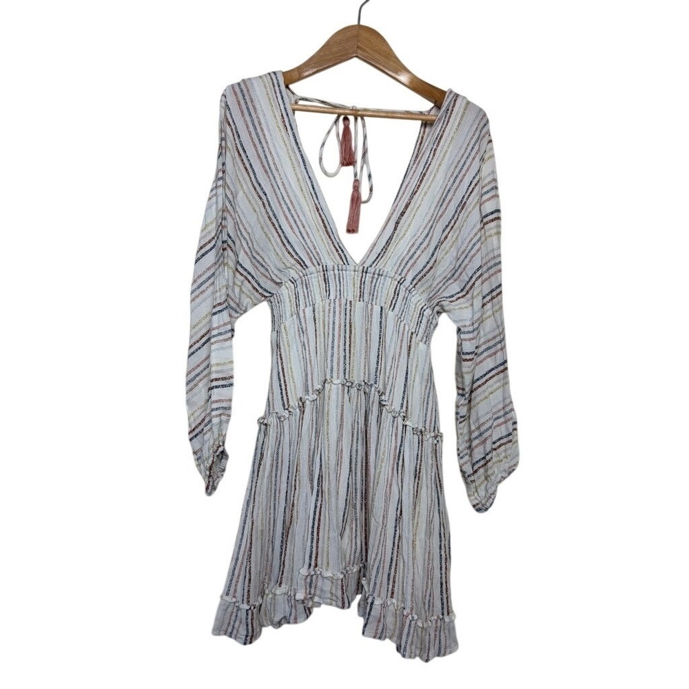 Fate Womens Striped V-Neck Open Back Tassel Mini Dress‎ White Multicolor Small
